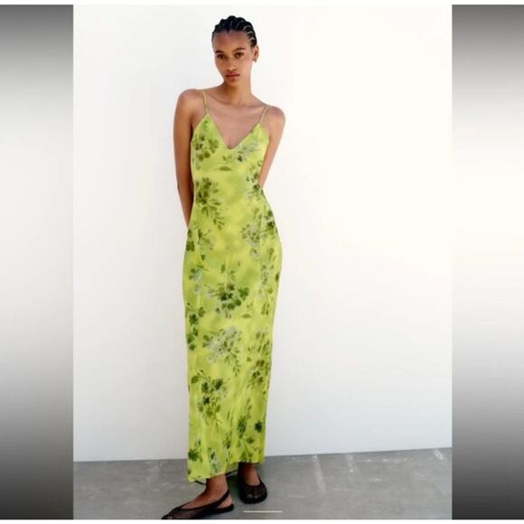 ZARA Printed Maxi Slip Dress M Chartreuse Green Floral Summer Party Linen? - Picture 2 of 6